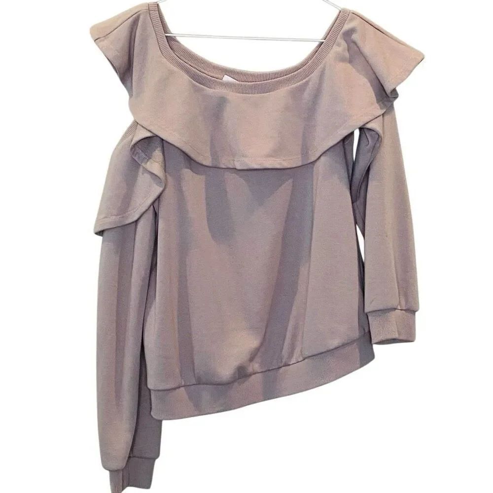 LUSH Long Sleeve Ribbed Cotton Blend One Shoulder Ruffle Sweatshirt Beige XS